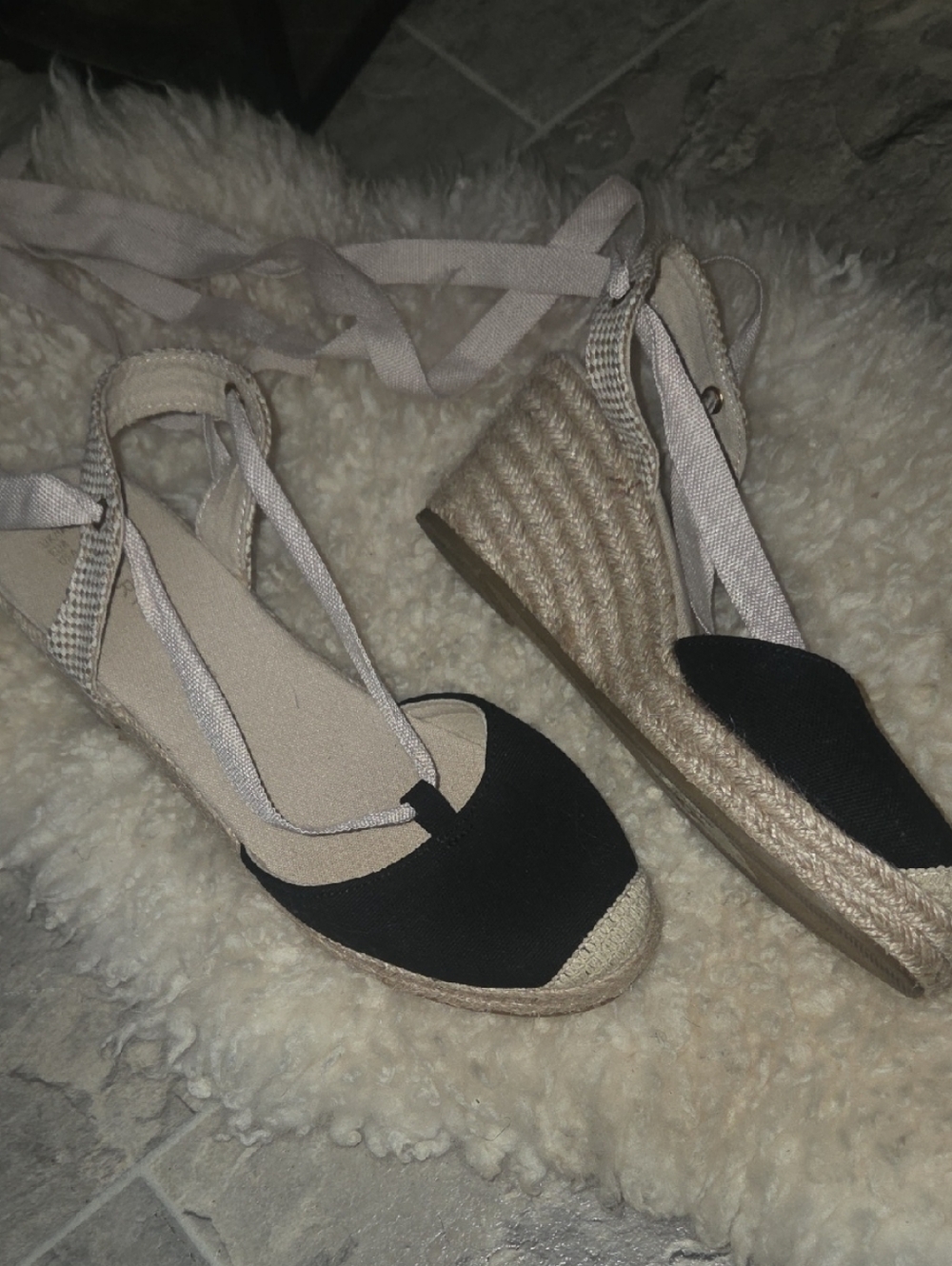 Primark Black Espadrille Wedge Sandals with Beige Ankle Ties